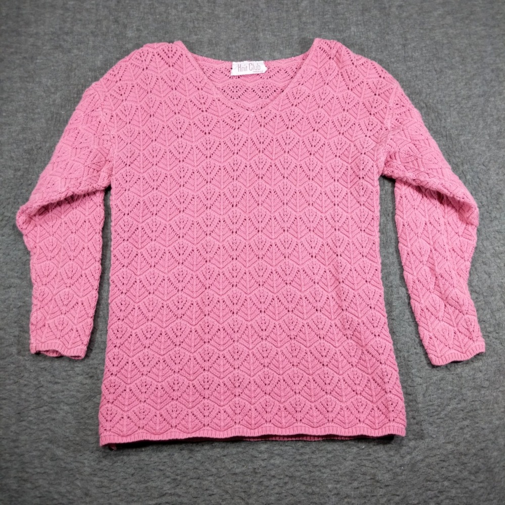 Vintage Knit Club Sweater Women M Pink Pointelle V-Neck USA Made Cottagecore